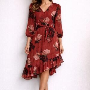 Simply Vera Wang Red Floral V Neck Long Sleeve Midi Dress - M